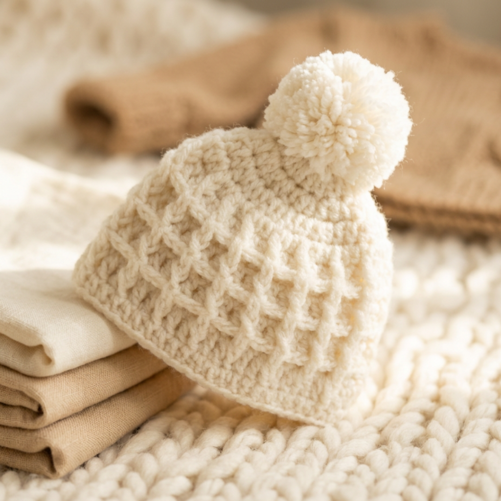 Handmade cream crochet waffle stitch baby beanie with fluffy pom pom propped upright on folded cream linen with warm knit blanket background