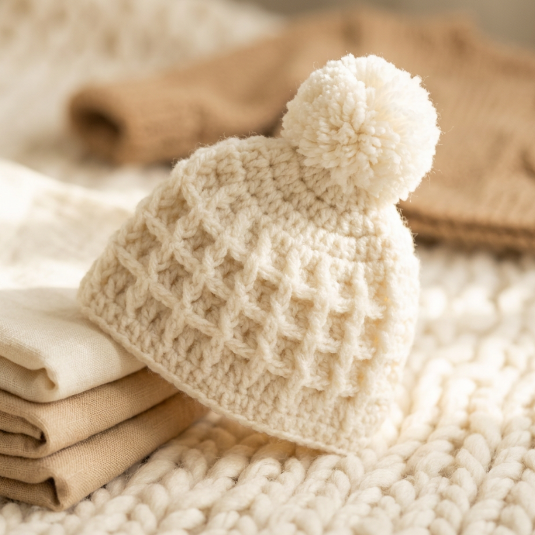 Handmade cream crochet waffle stitch baby beanie with fluffy pom pom propped upright on folded cream linen with warm knit blanket background