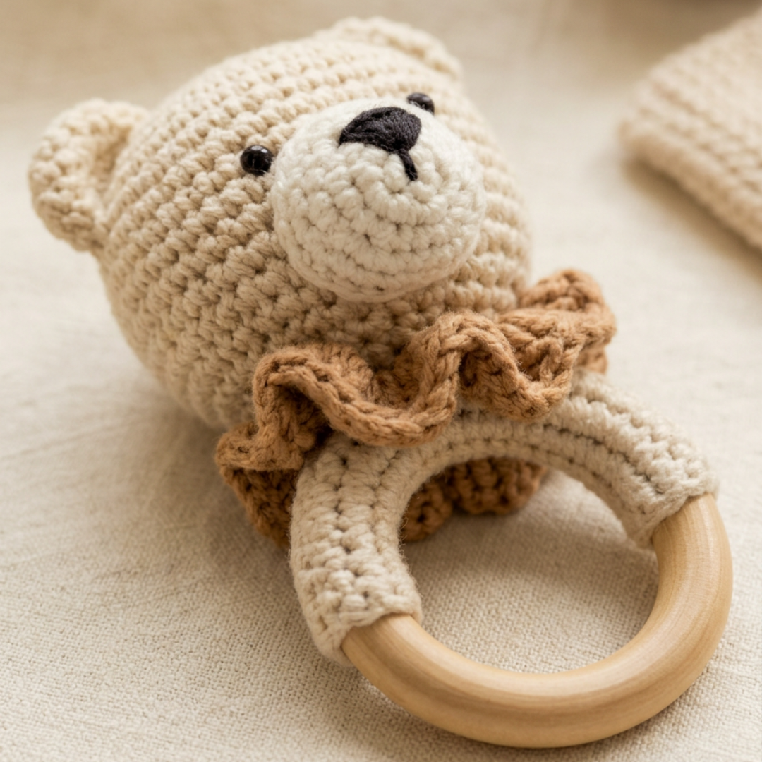 Handmade cream crochet bear rattle with warm brown ruffle collar and natural wooden teething ring on cream linen