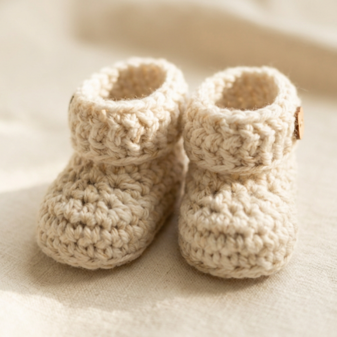 Handmade cream and oatmeal crochet baby booties with wooden button detail sitting upright together on warm cream linen