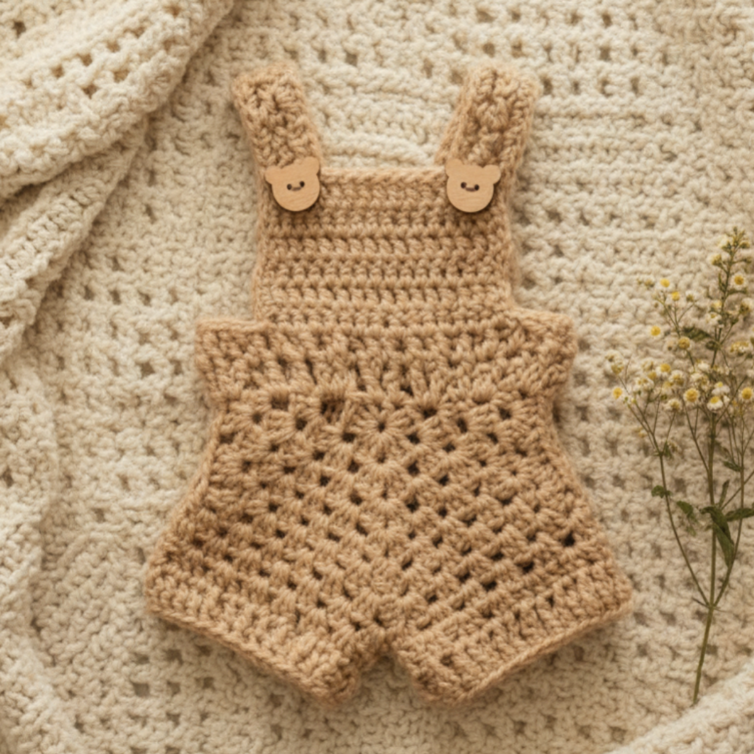 Handmade sandy tan crochet baby overall romper with wooden bear face buttons laid flat on cream chunky knit blanket with dried wildflowers